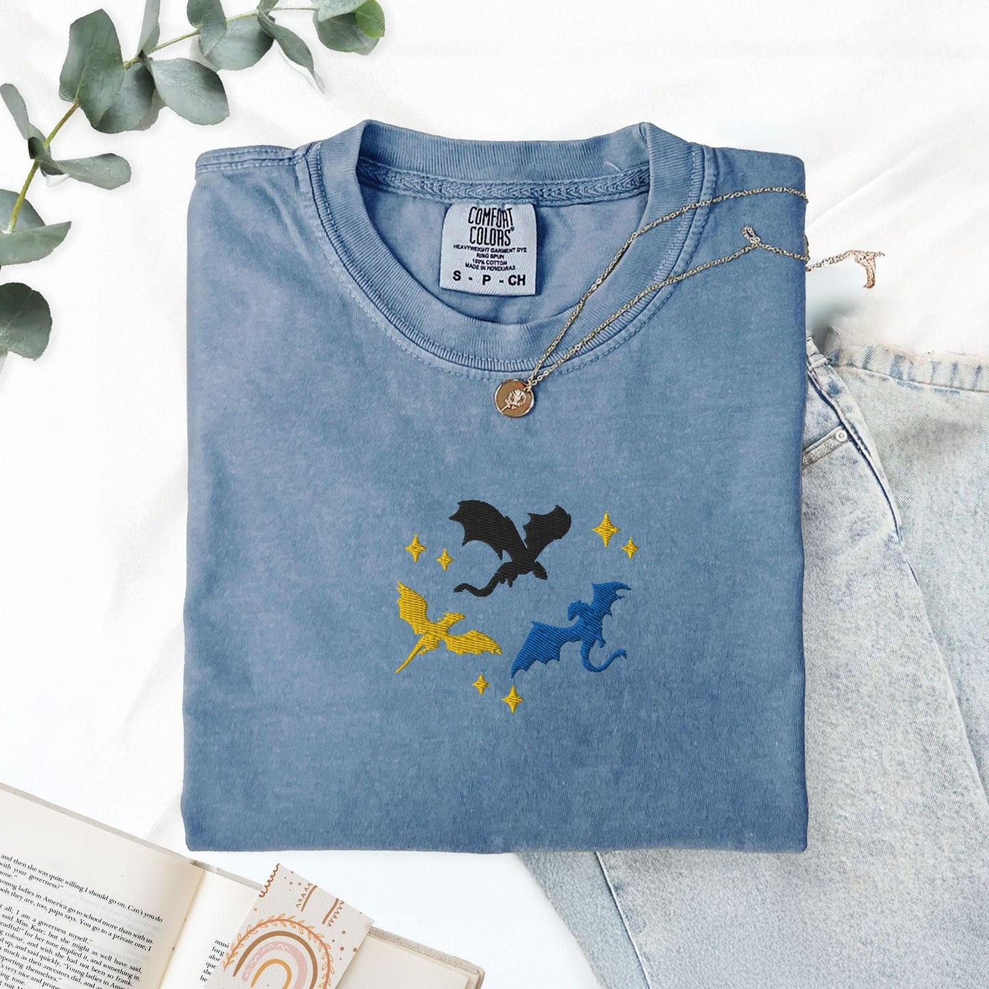 My Store Embroidered Dragons Flying Bookish Fantasy T-Shirt Embroidered Dragons Flying Bookish Fantasy T-Shirt