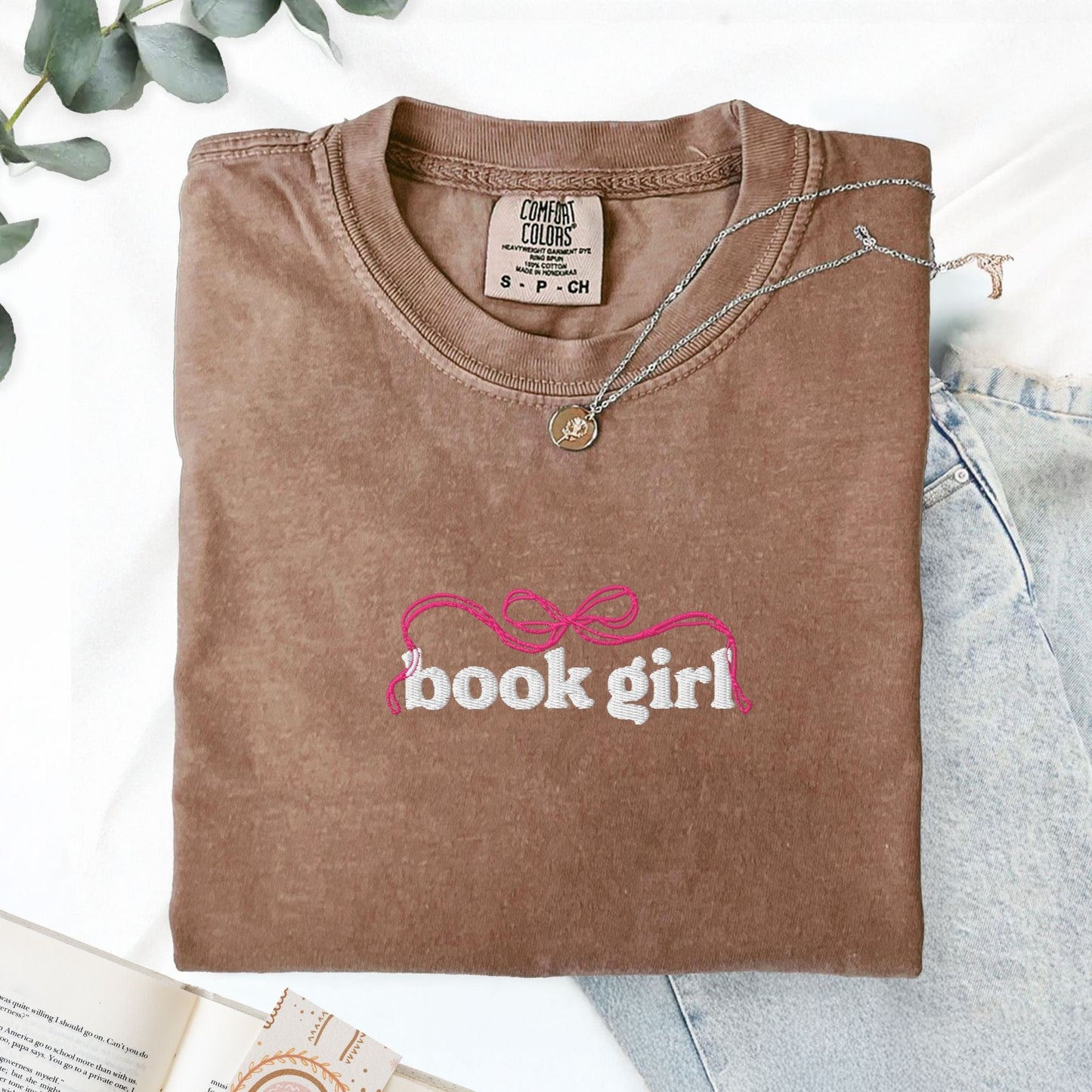 My Store Book Girl Embroidered Coquette Bow Cute Book Tee Book Girl Embroidered Coquette Bow Cute Book Tee