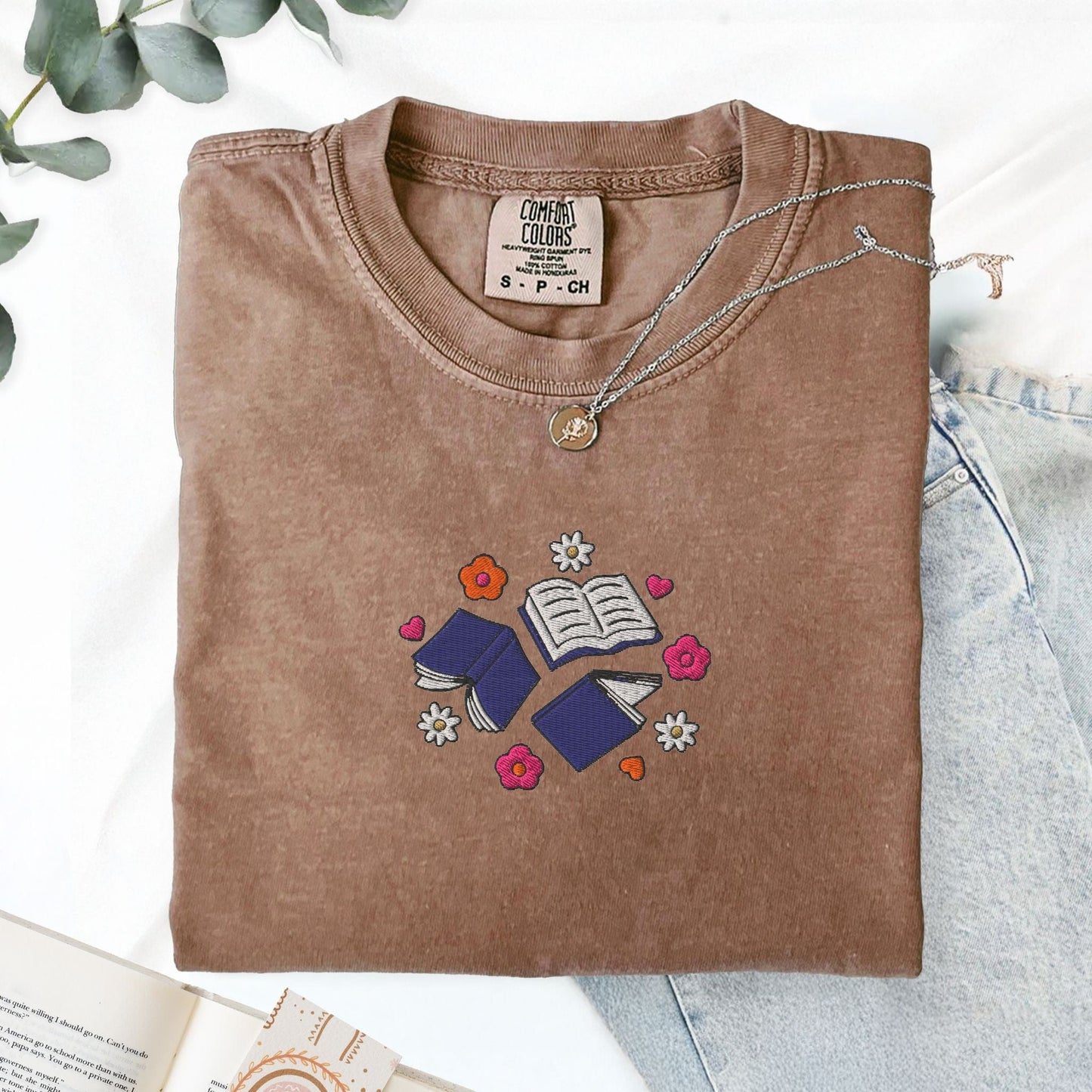 My Store Books and Flowers Embroidered Book Lover T-Shirt Books and Flowers Embroidered Book Lover T-Shirt