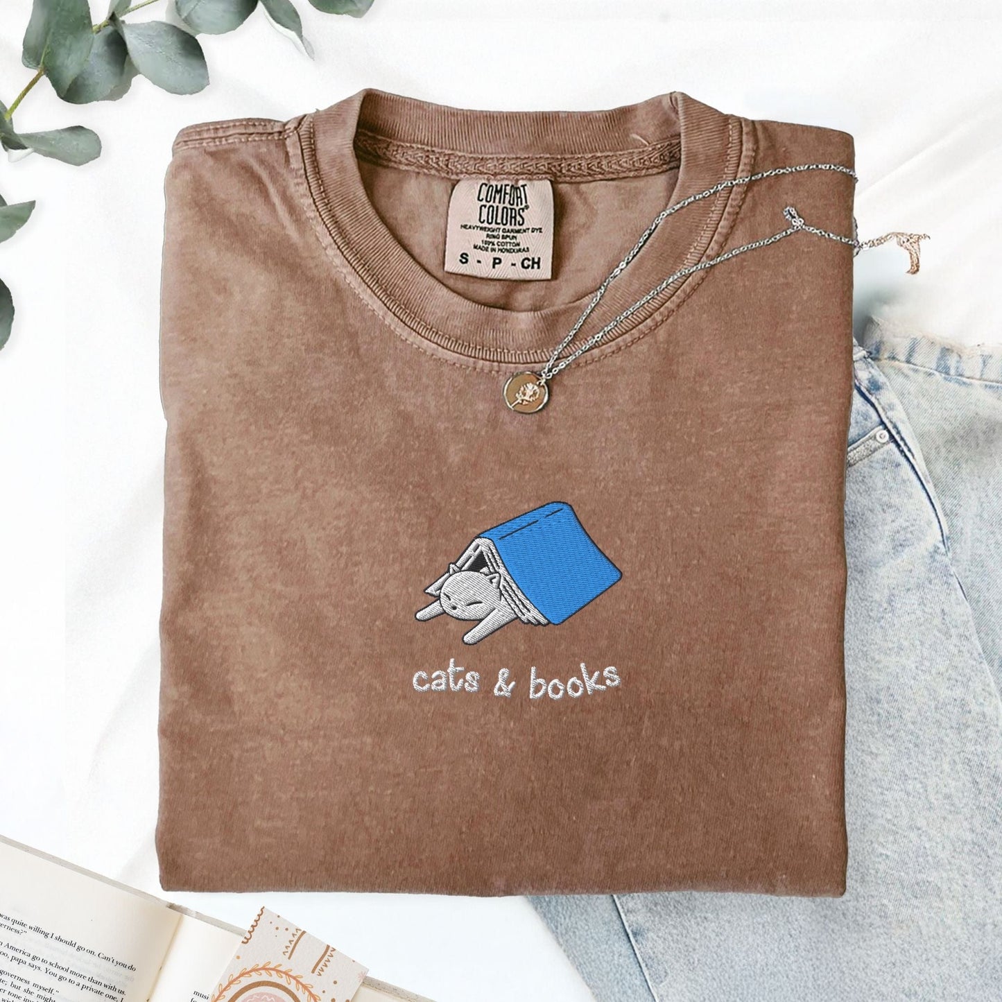My Store Cats and Books Embroidered Comfort Colors T-Shirt Cats and Books Embroidered Comfort Colors T-Shirt