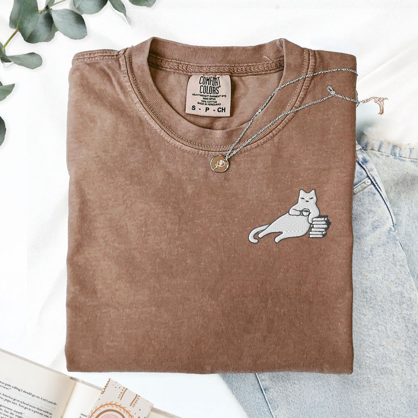My Store Cats, Coffee, and Books Swaggy Embroidered Cat T-Shirt Cats, Coffee, and Books Swaggy Embroidered Cat T-Shirt