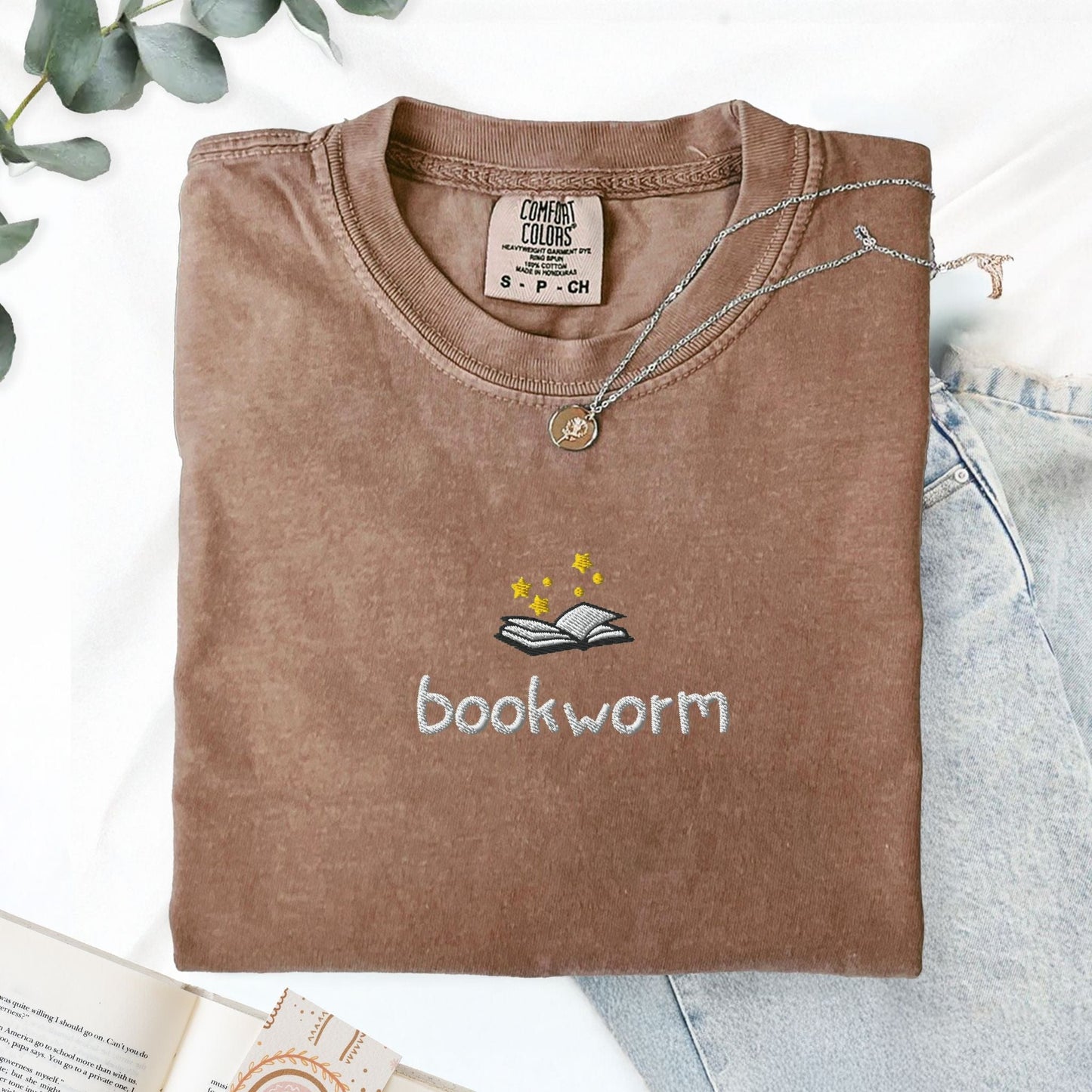 My Store Cute Embroidered Bookworm T-Shirt Cute Embroidered Bookworm T-Shirt