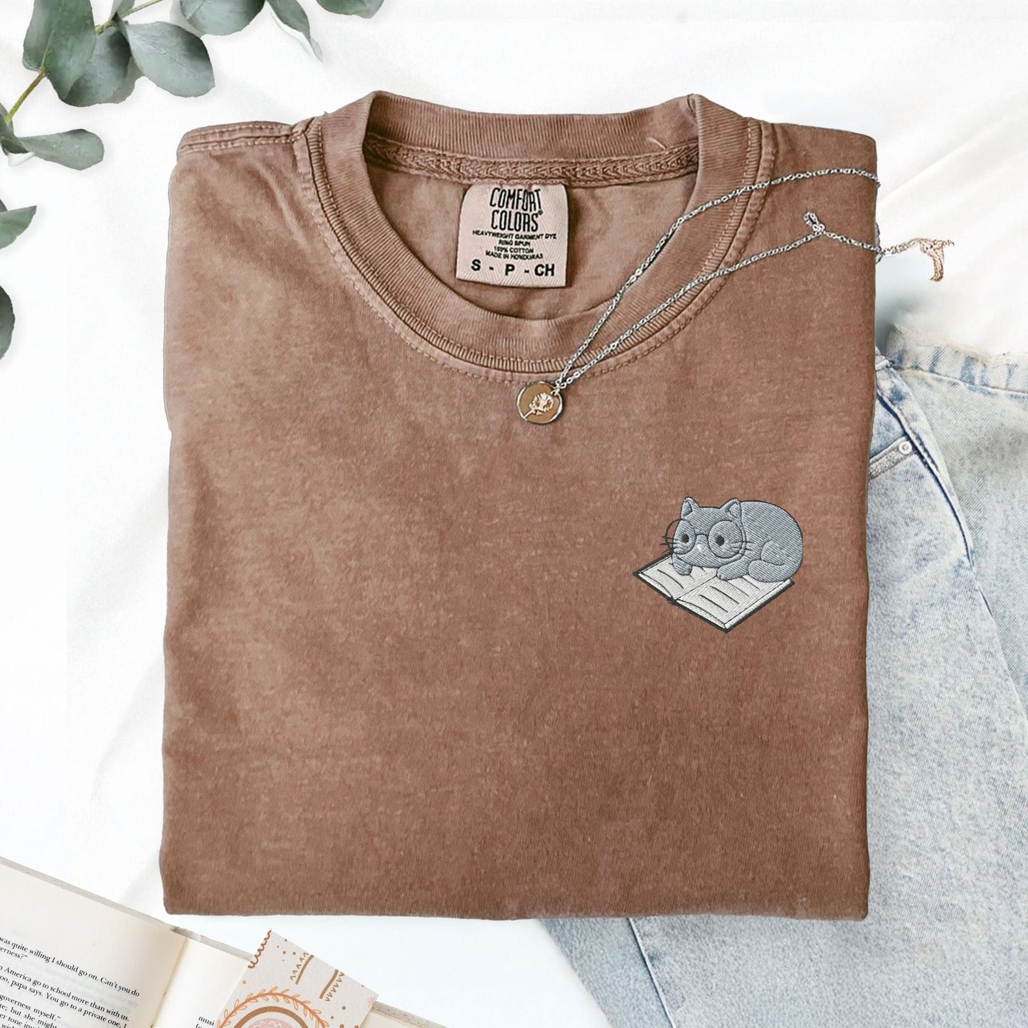 My Store Cute Embroidered Cat on a Book T-Shirt Cute Embroidered Cat on a Book T-Shirt