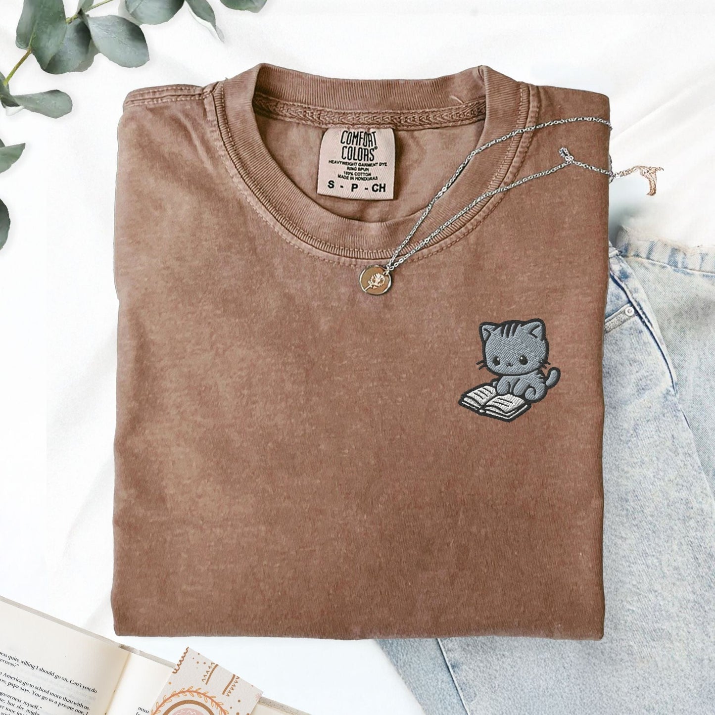 My Store Cute Embroidered Cat Reading a Book Comfort Colors T-Shirt Cute Embroidered Cat Reading a Book Comfort Colors T-Shirt