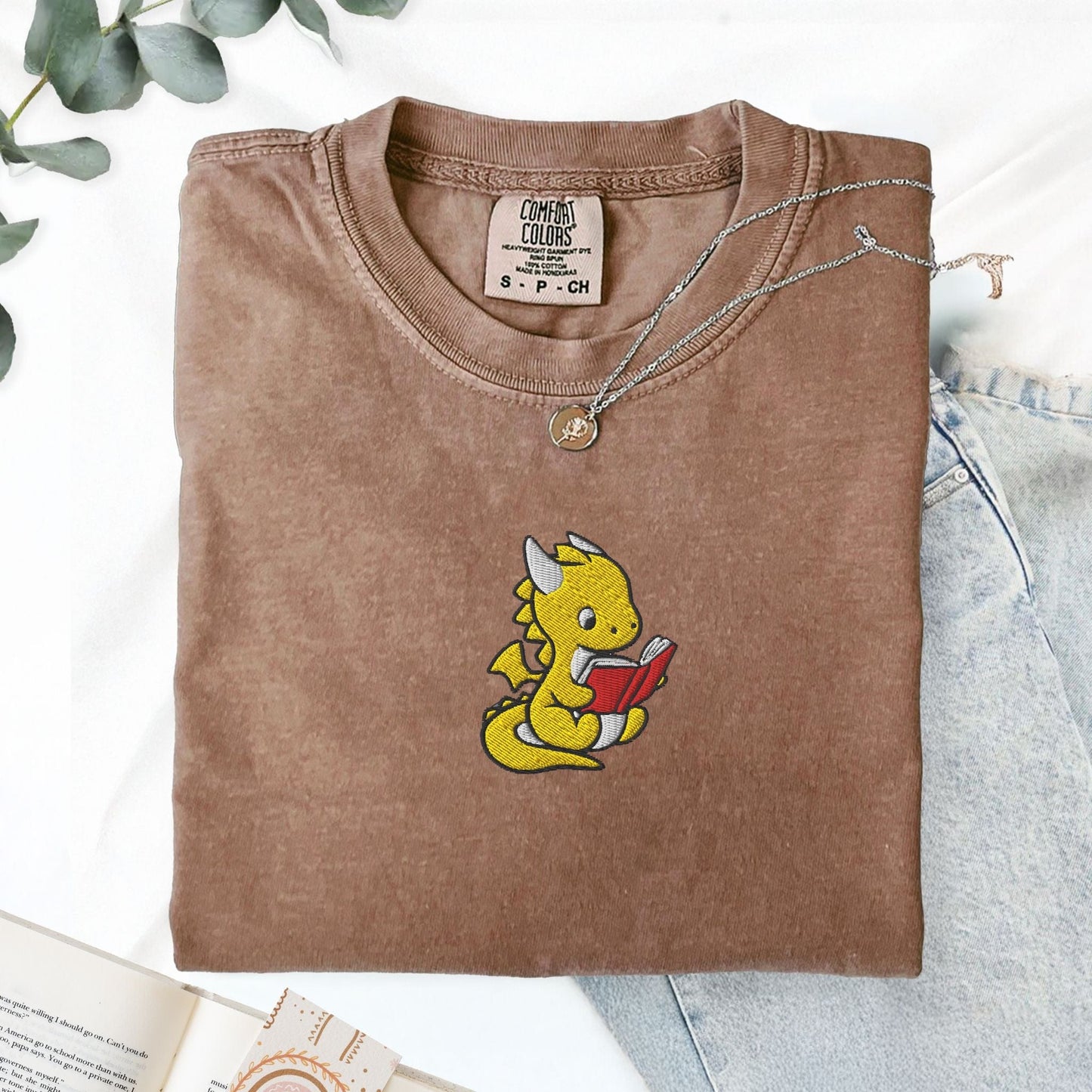 My Store Dragon Reading Embroidered T-Shirt Dragon Reading Embroidered T-Shirt