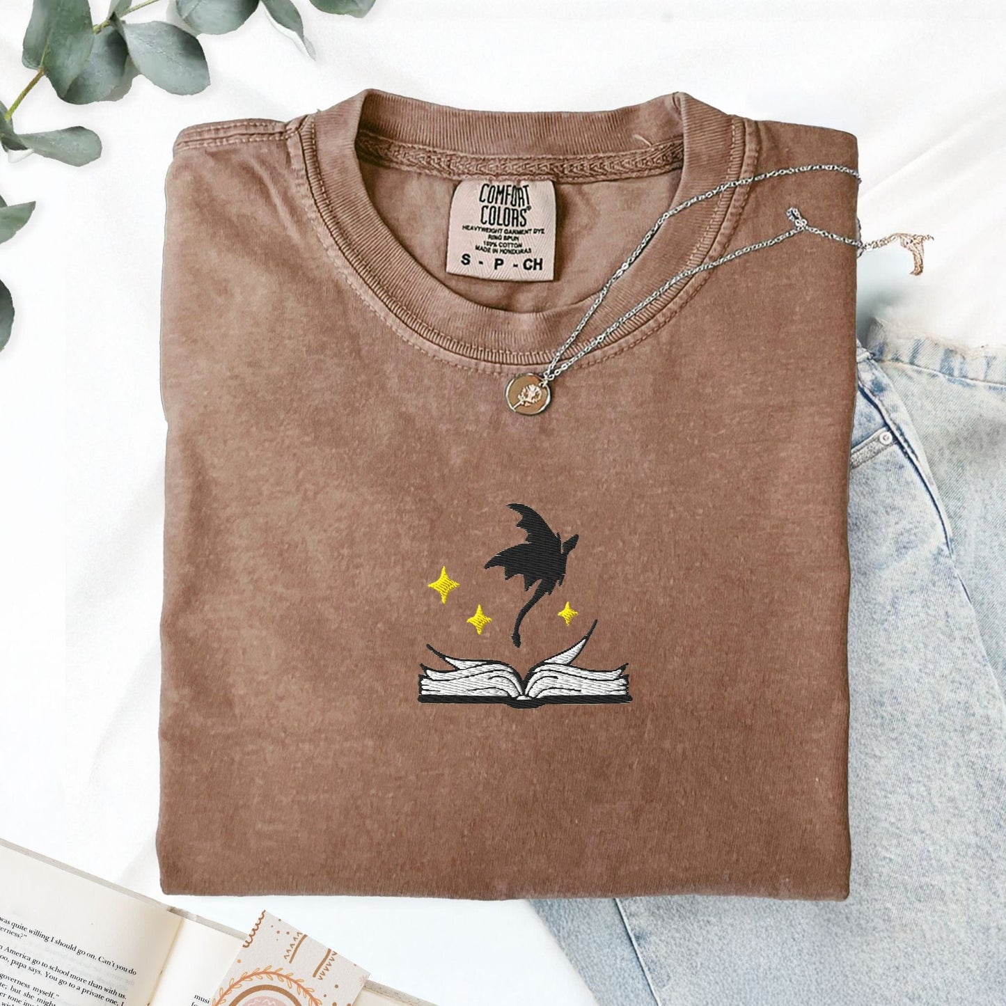 My Store Embroidered Dragon Flying Fantasy Book T-Shirt Embroidered Dragon Flying Fantasy Book T-Shirt