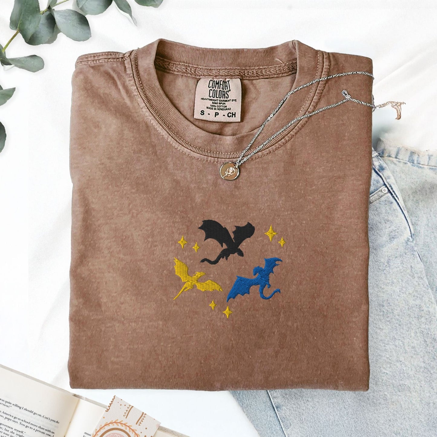 My Store Embroidered Dragons Flying Bookish Fantasy T-Shirt Embroidered Dragons Flying Bookish Fantasy T-Shirt