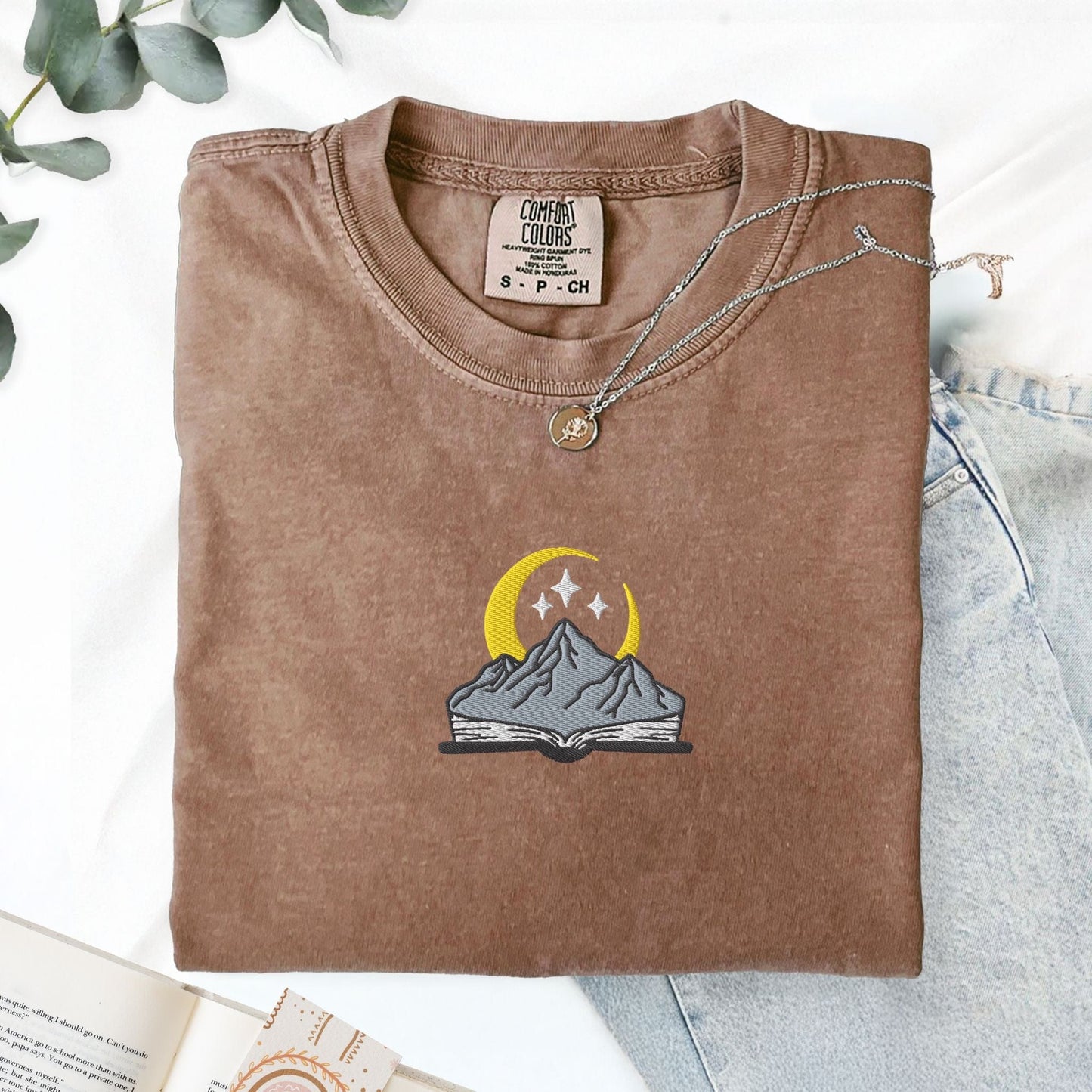 My Store Embroidered open book with mountain and stars, comfort colors embroidered fantasy book tee, ACOTAR merch Fourth Wing Romantasy bookish gift Embroidered open book with mountain and stars, comfort colors embroidered fantasy book tee, ACOTAR merch Fourth Wing Romantasy bookish gift
