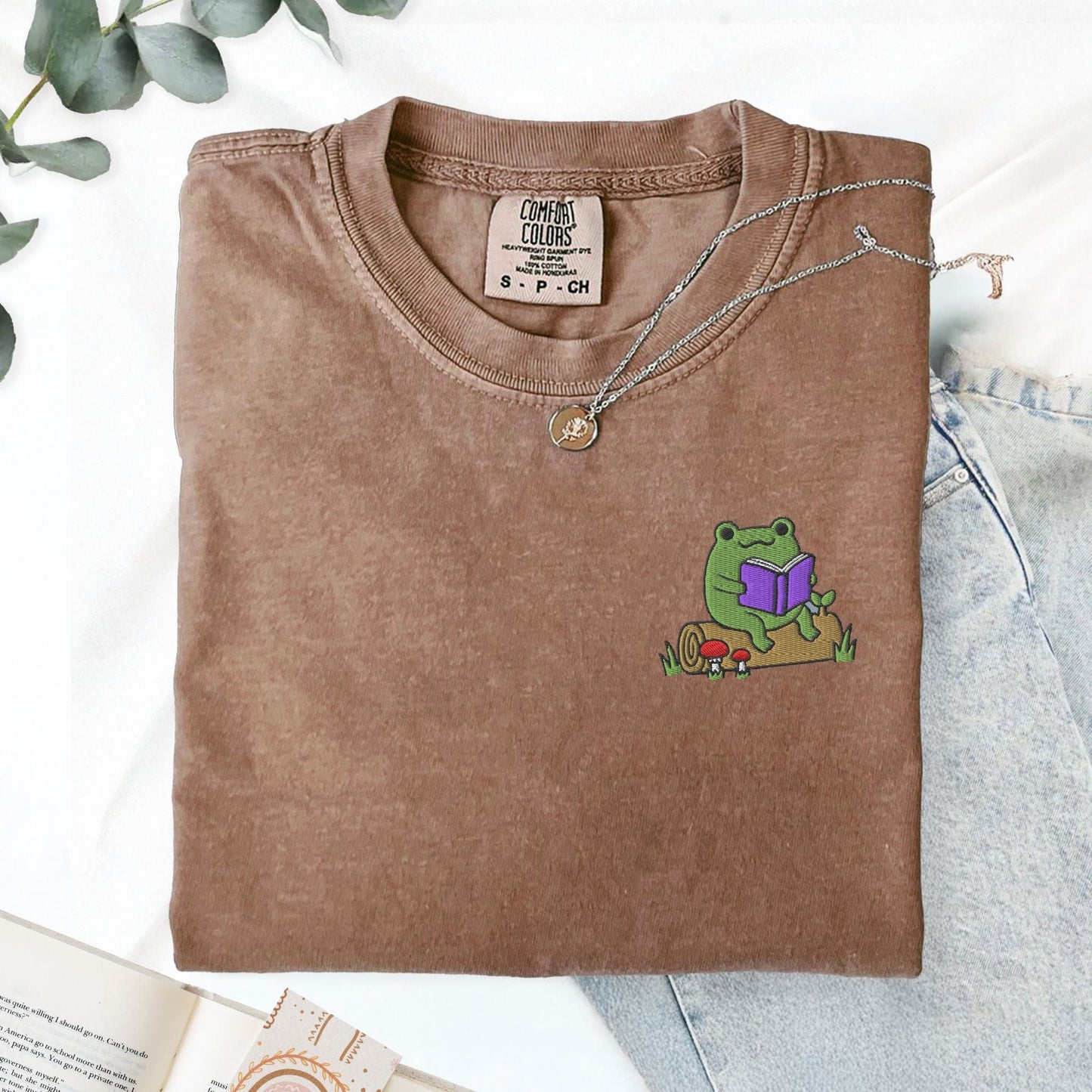 My Store Frog Reading On A Log Cute Embroidered Frog T-Shirt Frog Reading On A Log Cute Embroidered Frog T-Shirt