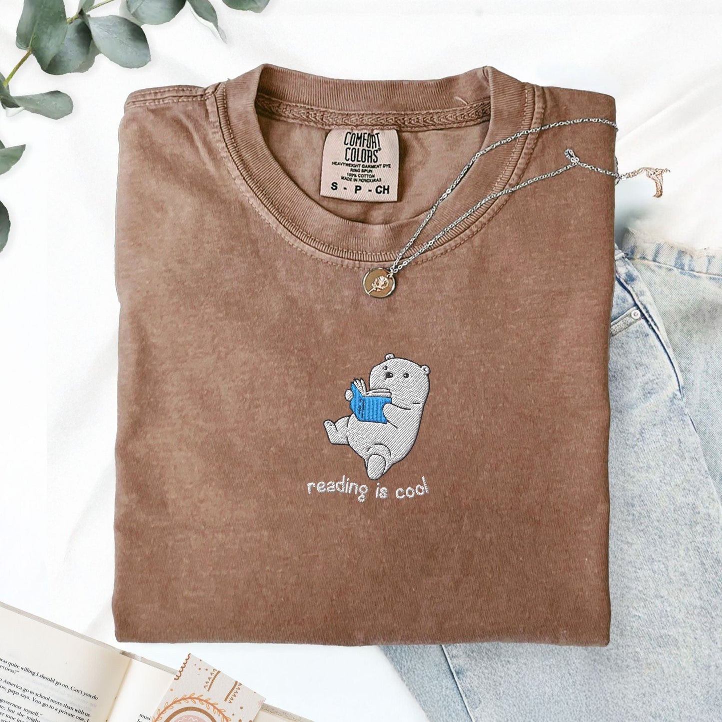 My Store Reading Is Cool Cute Embroidered Polar Bear Book T-Shirt Reading Is Cool Cute Embroidered Polar Bear Book T-Shirt