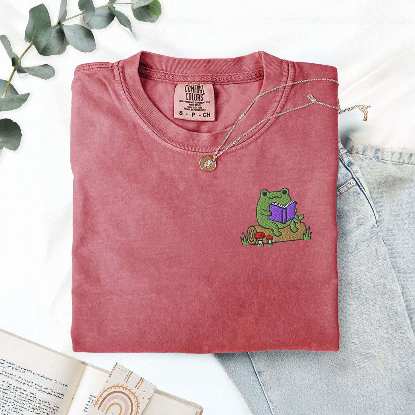 My Store Frog Reading On A Log Cute Embroidered Frog T-Shirt Frog Reading On A Log Cute Embroidered Frog T-Shirt