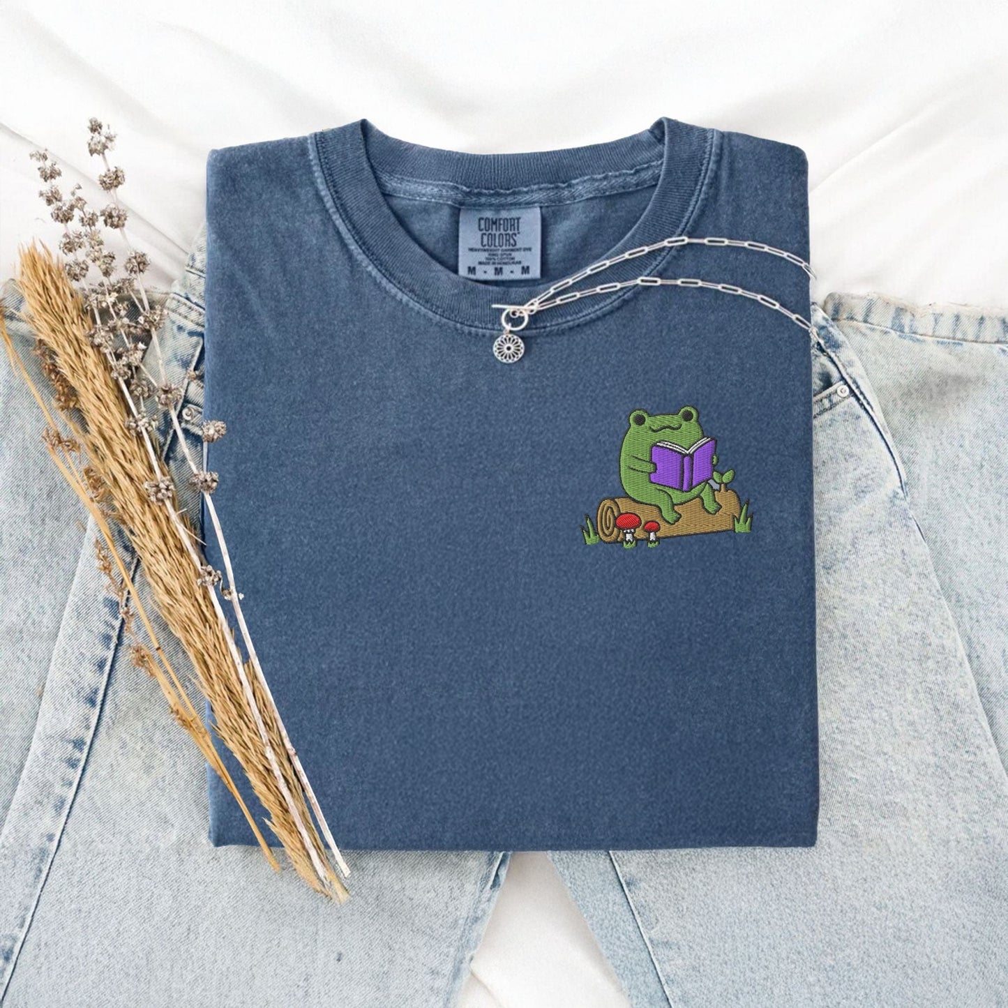 My Store Frog Reading On A Log Cute Embroidered Frog T-Shirt Frog Reading On A Log Cute Embroidered Frog T-Shirt