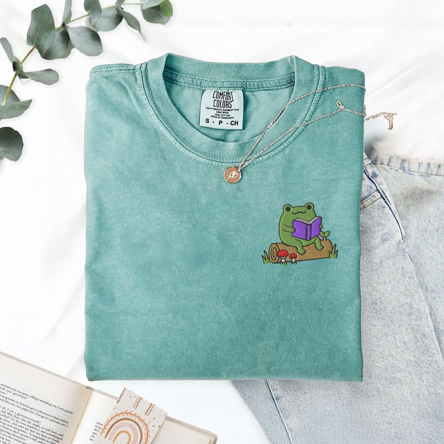 My Store Frog Reading On A Log Cute Embroidered Frog T-Shirt Frog Reading On A Log Cute Embroidered Frog T-Shirt