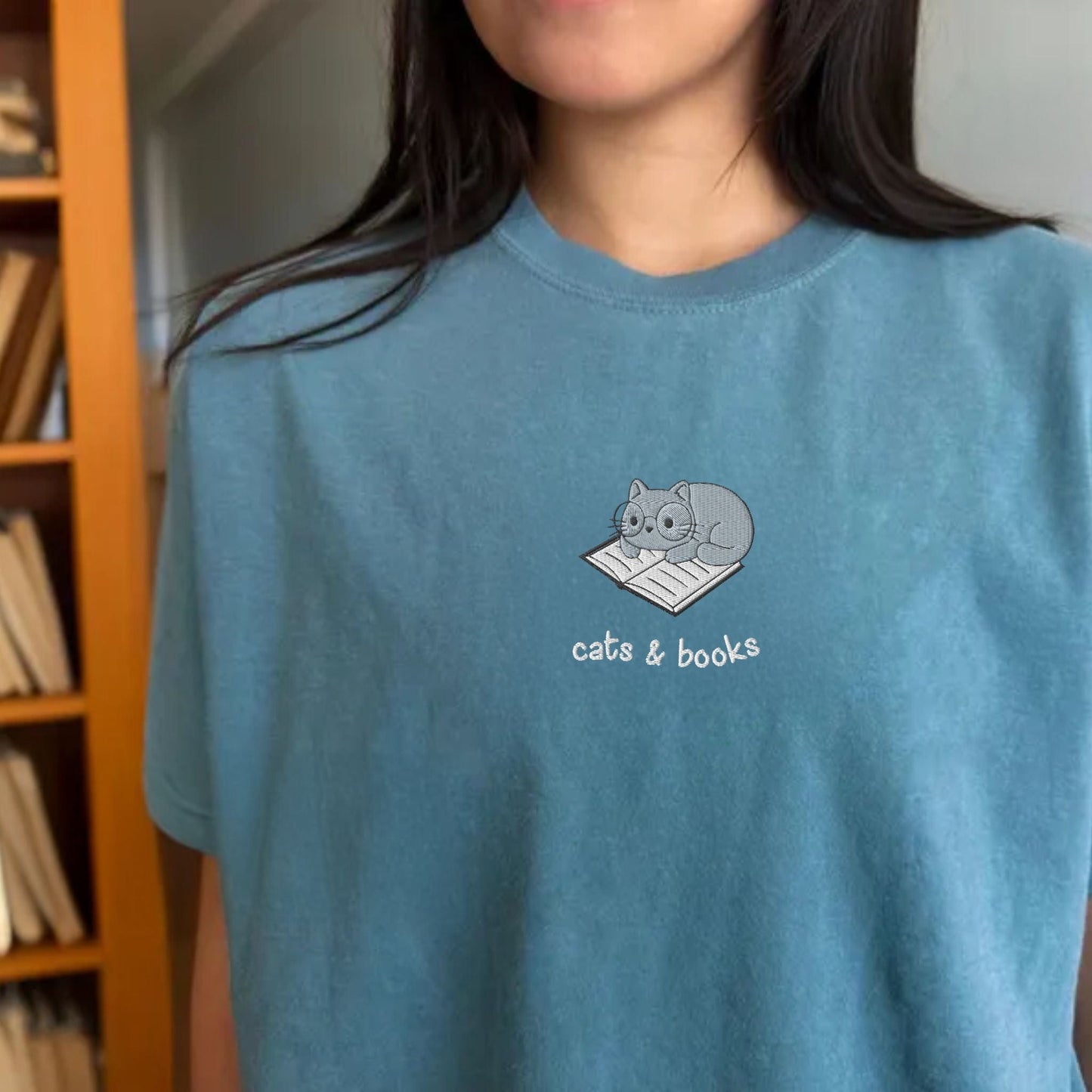 My Store Cats and Books Embroidered Comfort Colors T-Shirt Cats and Books Embroidered Comfort Colors T-Shirt