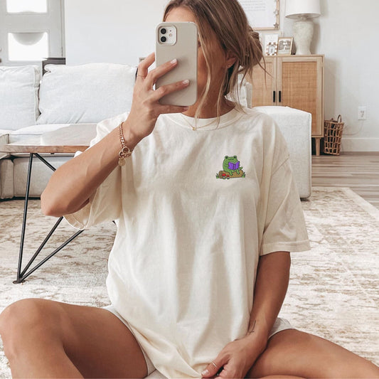 My Store Frog Reading On A Log Cute Embroidered Frog T-Shirt Frog Reading On A Log Cute Embroidered Frog T-Shirt