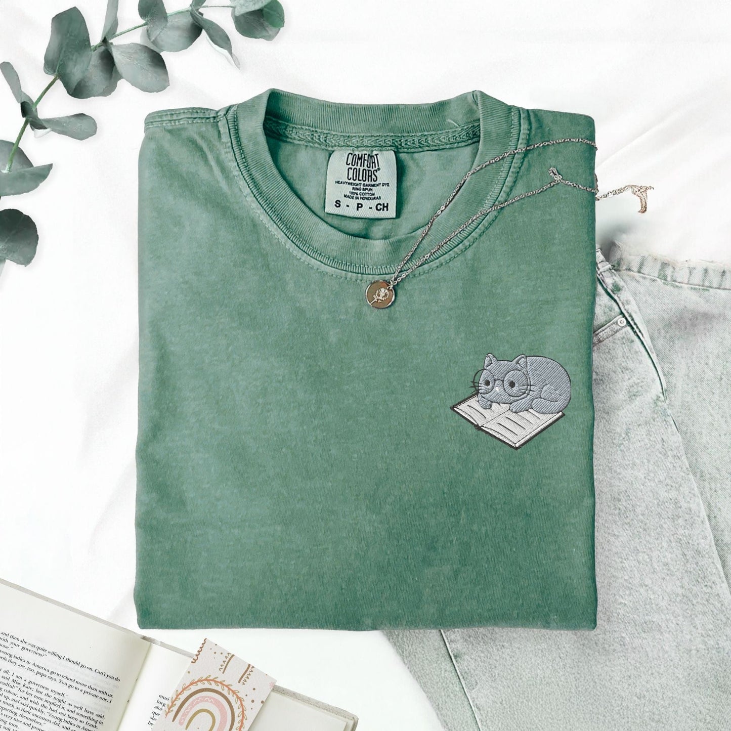 My Store Cute Embroidered Cat on a Book T-Shirt Cute Embroidered Cat on a Book T-Shirt
