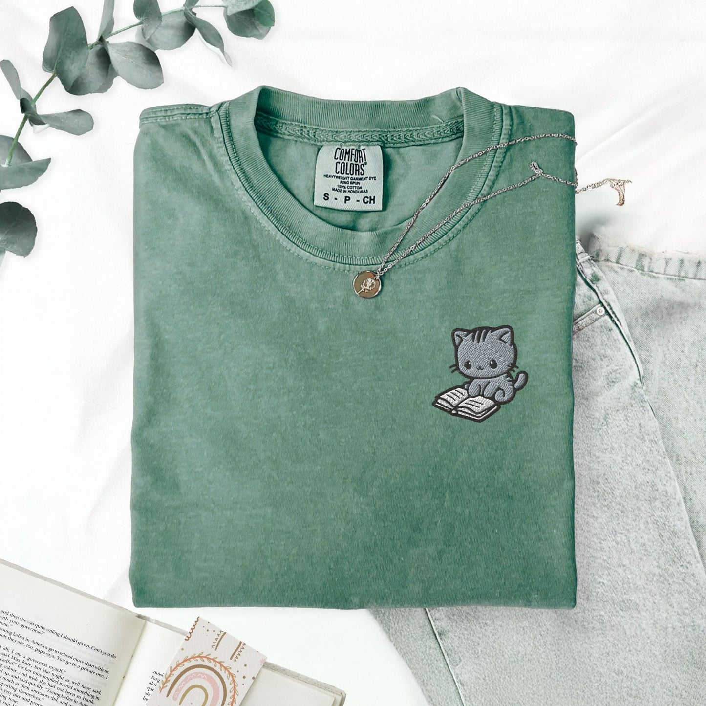 My Store Cute Embroidered Cat Reading a Book Comfort Colors T-Shirt Cute Embroidered Cat Reading a Book Comfort Colors T-Shirt