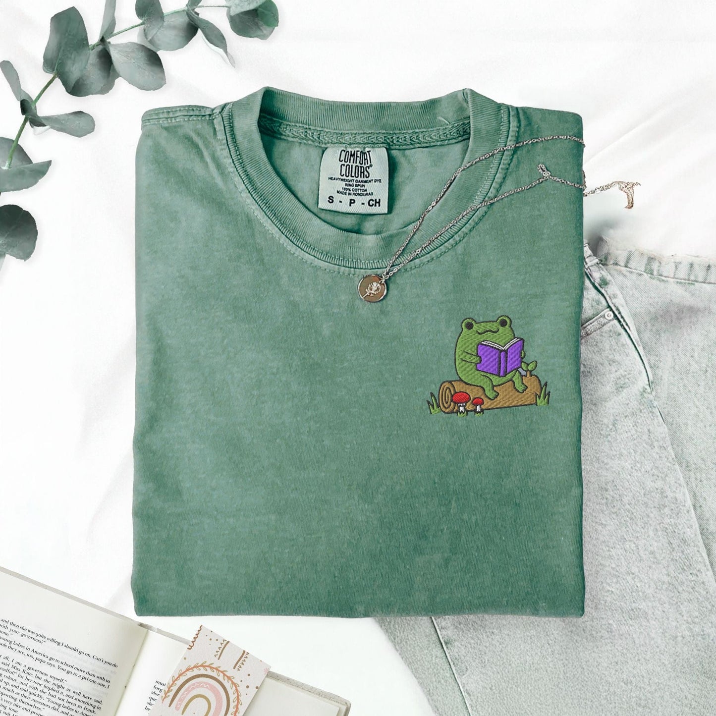 My Store Frog Reading On A Log Cute Embroidered Frog T-Shirt Frog Reading On A Log Cute Embroidered Frog T-Shirt