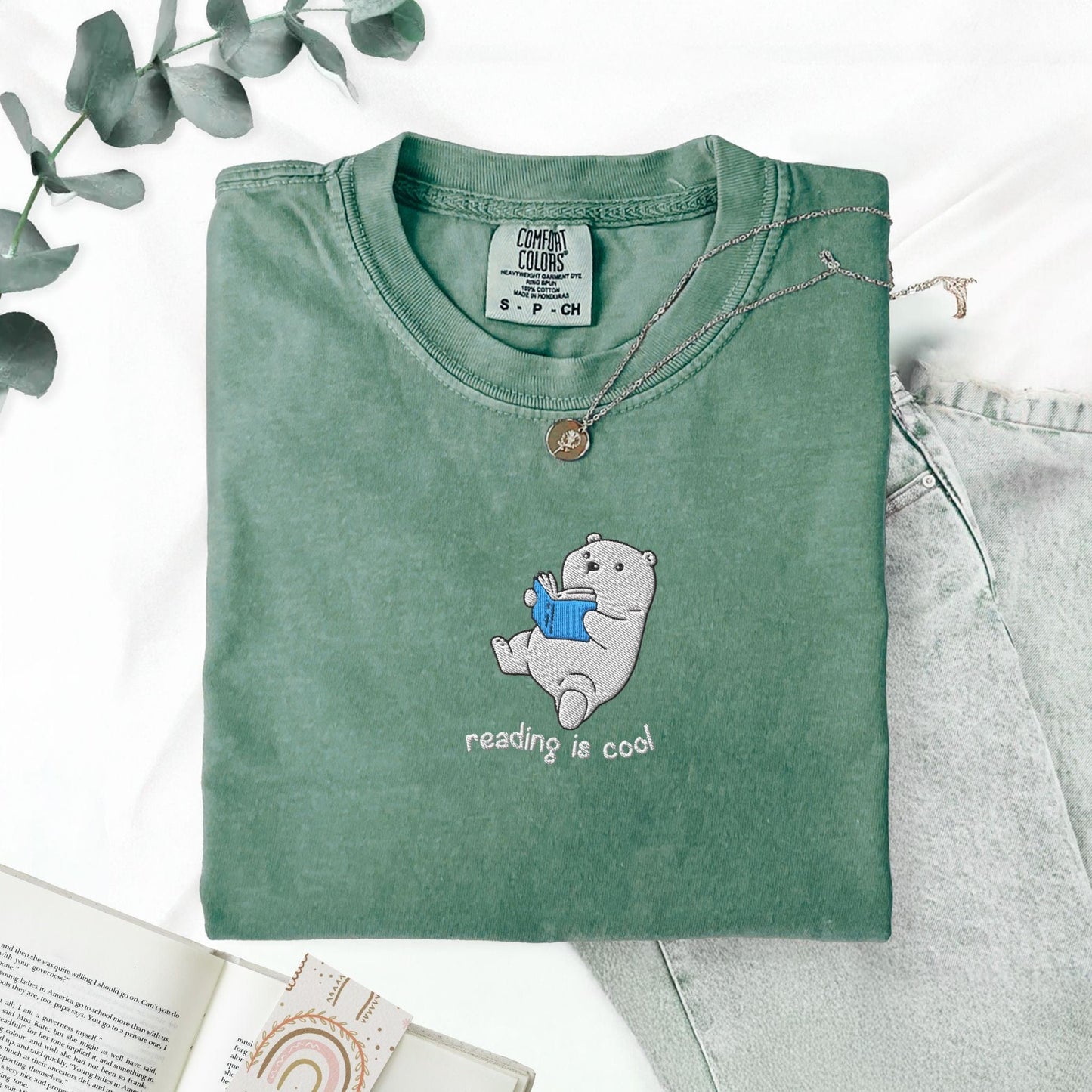 My Store Reading Is Cool Cute Embroidered Polar Bear Book T-Shirt Reading Is Cool Cute Embroidered Polar Bear Book T-Shirt