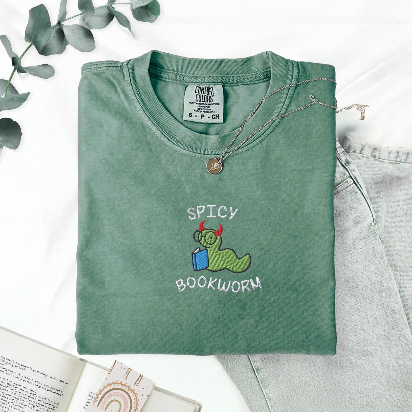My Store Spicy Bookworm Embroidered T-Shirt Spicy Bookworm Embroidered T-Shirt