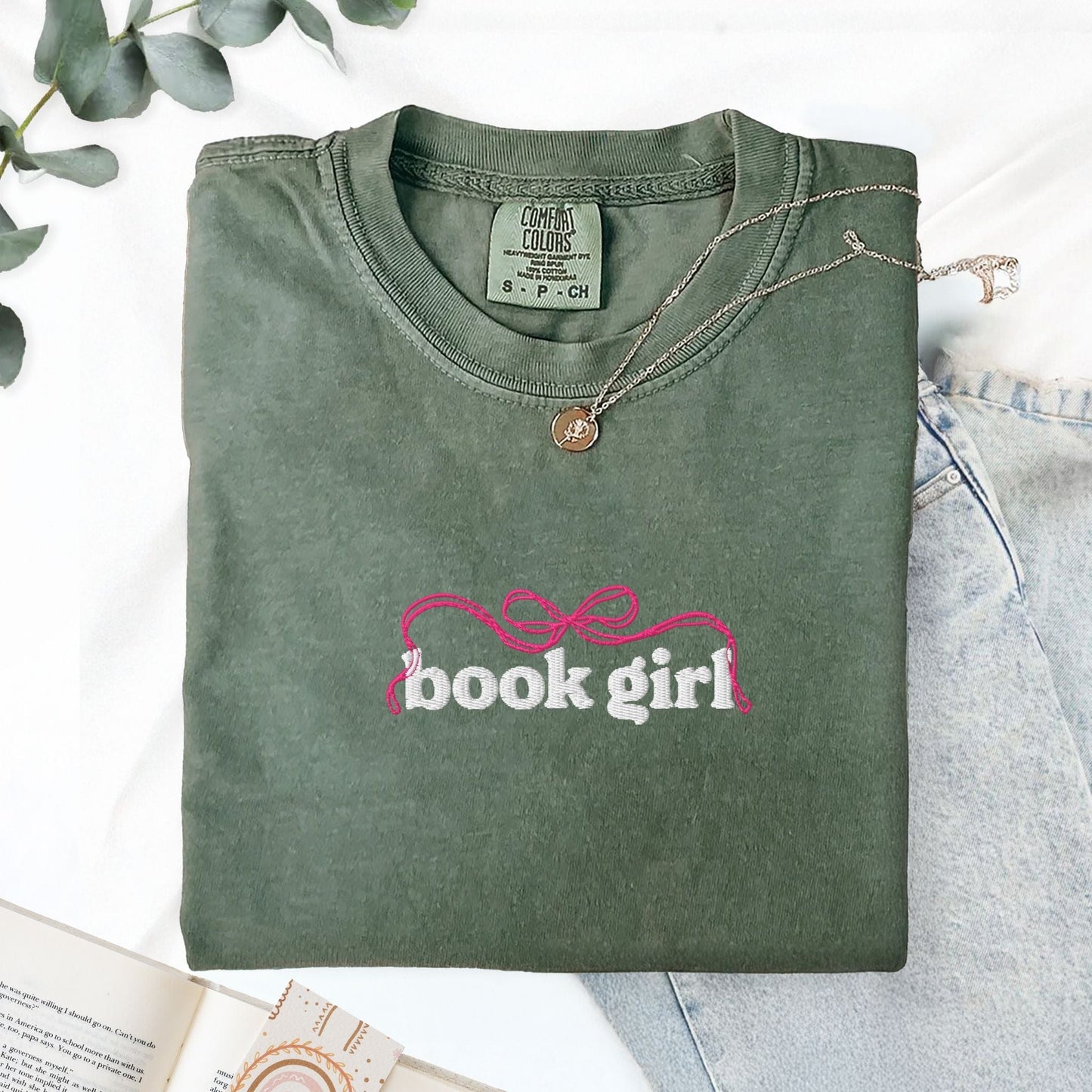 My Store Book Girl Embroidered Coquette Bow Cute Book Tee Book Girl Embroidered Coquette Bow Cute Book Tee