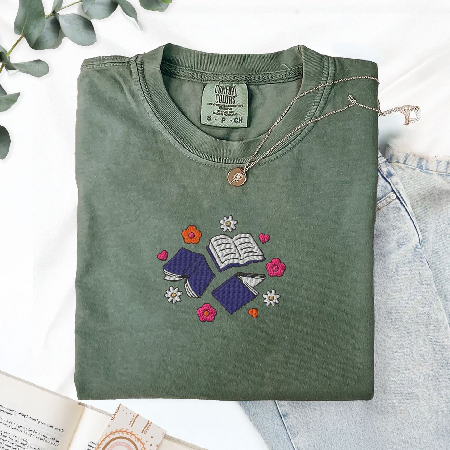 My Store Books and Flowers Embroidered Book Lover T-Shirt Books and Flowers Embroidered Book Lover T-Shirt