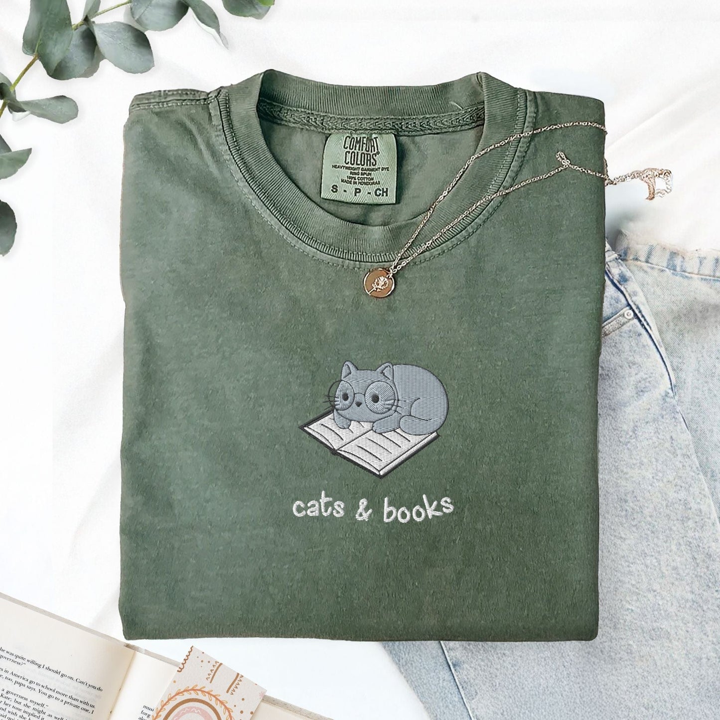 My Store Cats and Books Embroidered Comfort Colors T-Shirt Cats and Books Embroidered Comfort Colors T-Shirt
