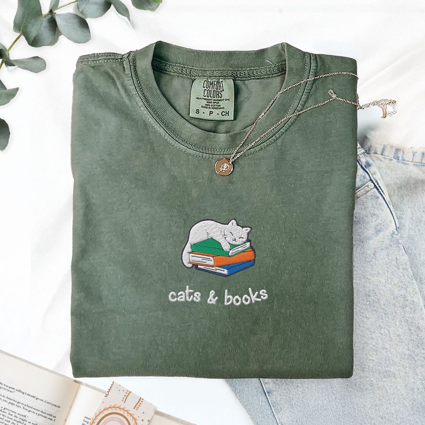 My Store Cats and Books Embroidered Comfort Colors T-Shirt Cats and Books Embroidered Comfort Colors T-Shirt
