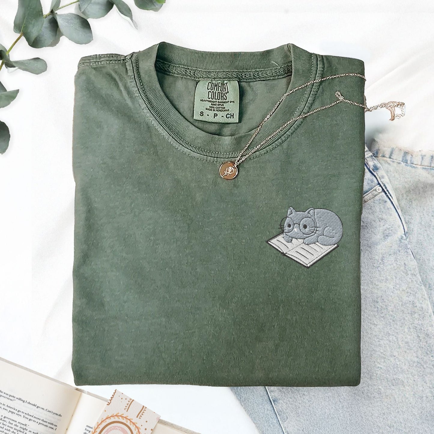 My Store Cute Embroidered Cat on a Book T-Shirt Cute Embroidered Cat on a Book T-Shirt