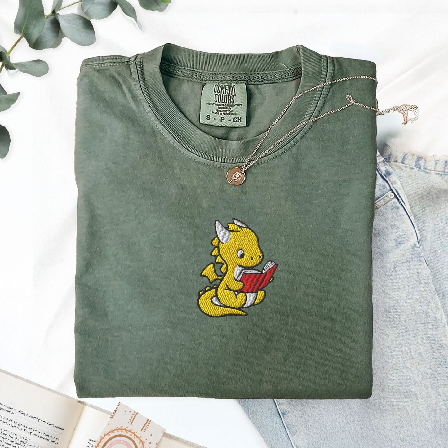 My Store Dragon Reading Embroidered T-Shirt Dragon Reading Embroidered T-Shirt