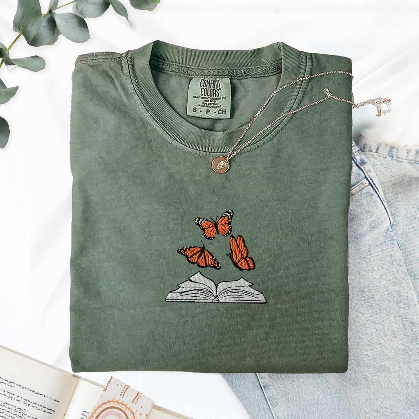 My Store Embroidered Butterflies and Books Comfort Colors TShirt Embroidered Butterflies and Books Comfort Colors TShirt