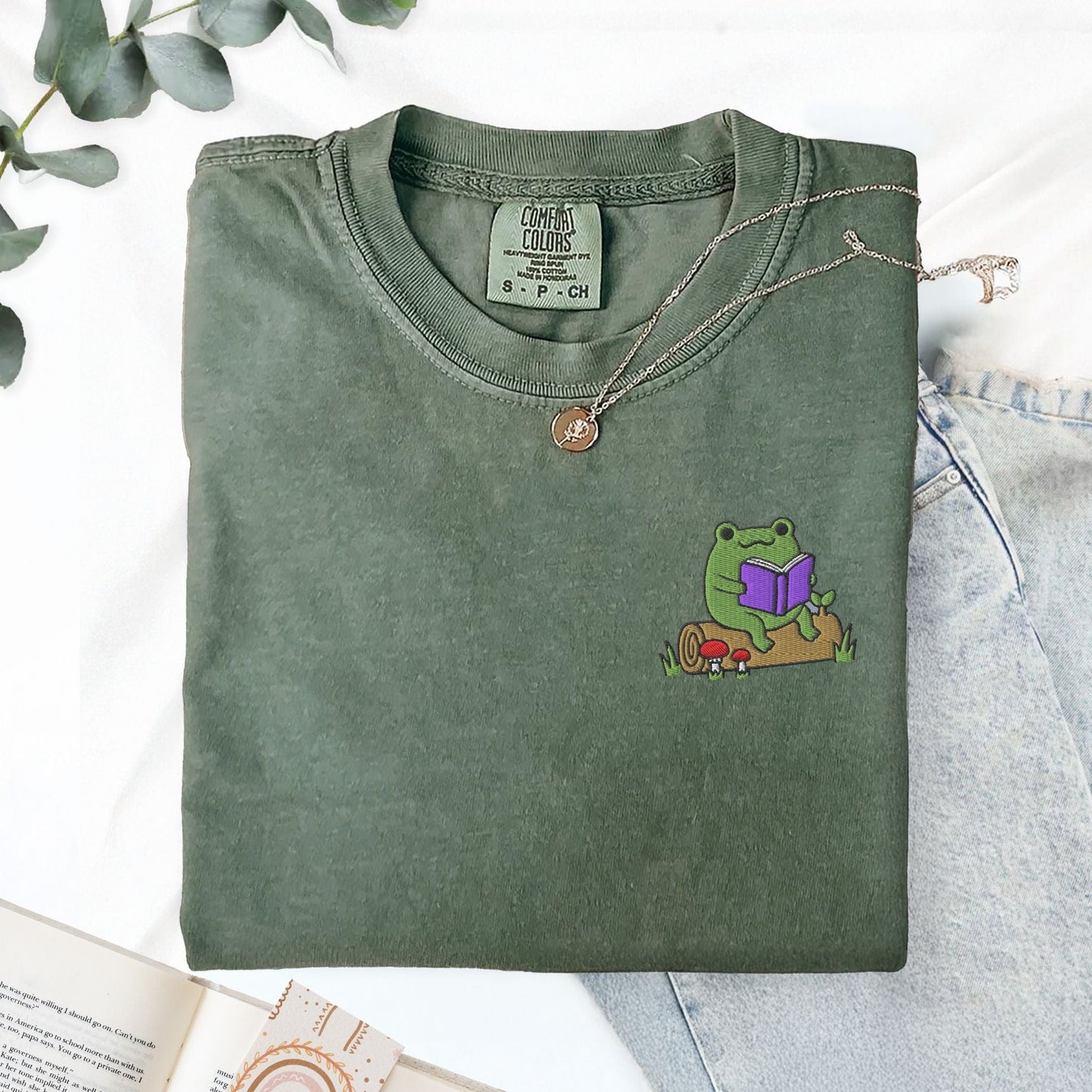 My Store Frog Reading On A Log Cute Embroidered Frog T-Shirt Frog Reading On A Log Cute Embroidered Frog T-Shirt