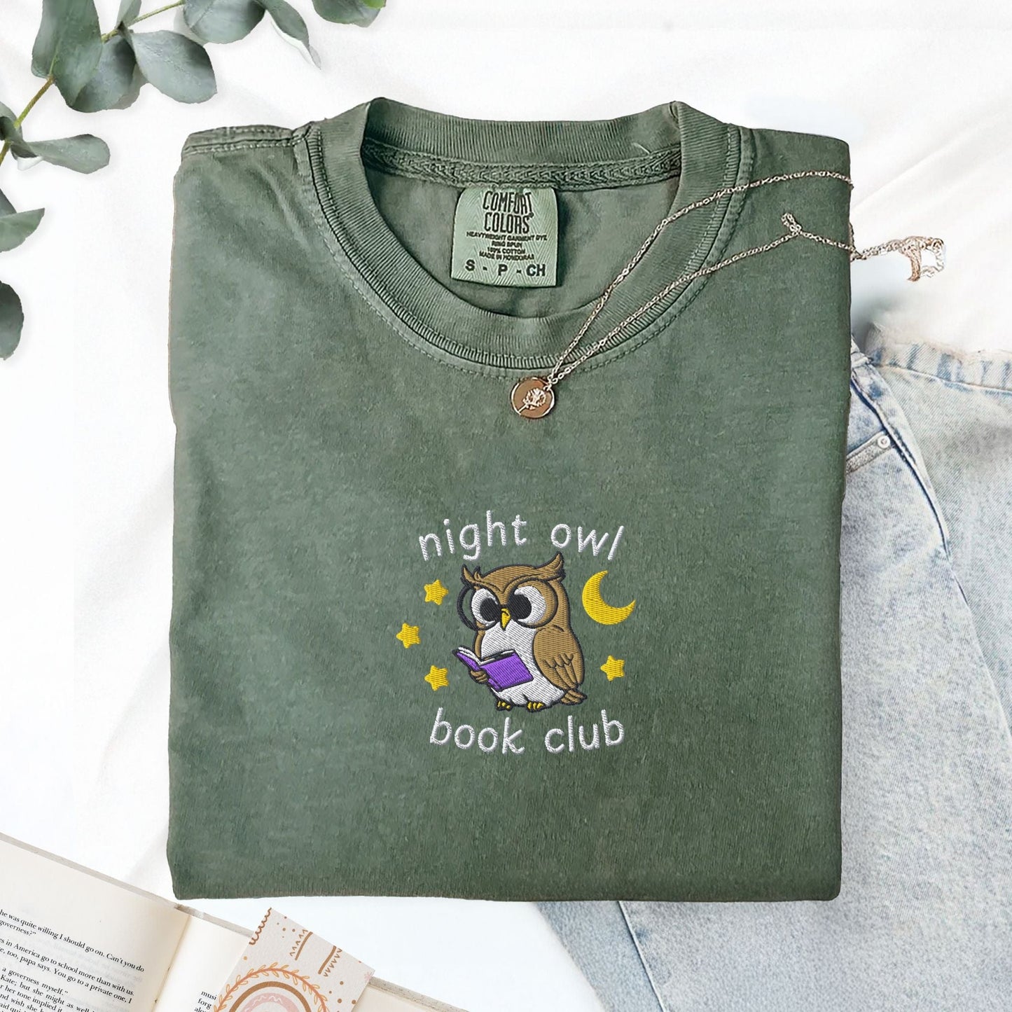 My Store Night Owl Book Club Embroidered Comfort Colors TShirt Night Owl Book Club Embroidered Comfort Colors TShirt