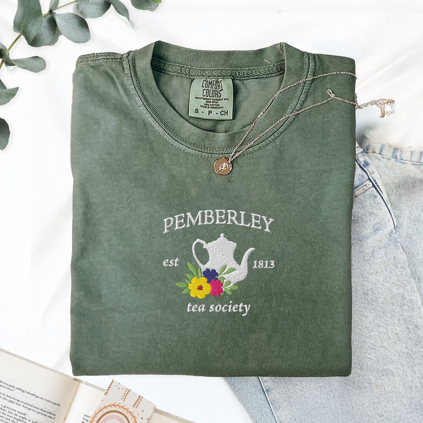 My Store Pemberley Estate Tea Society Embroidered Jane Austen T-Shirt Pemberley Estate Tea Society Embroidered Jane Austen T-Shirt