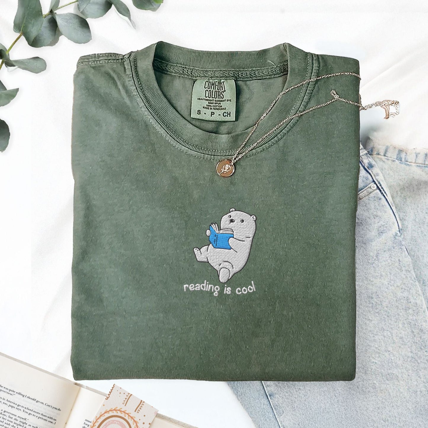 My Store Reading Is Cool Cute Embroidered Polar Bear Book T-Shirt Reading Is Cool Cute Embroidered Polar Bear Book T-Shirt