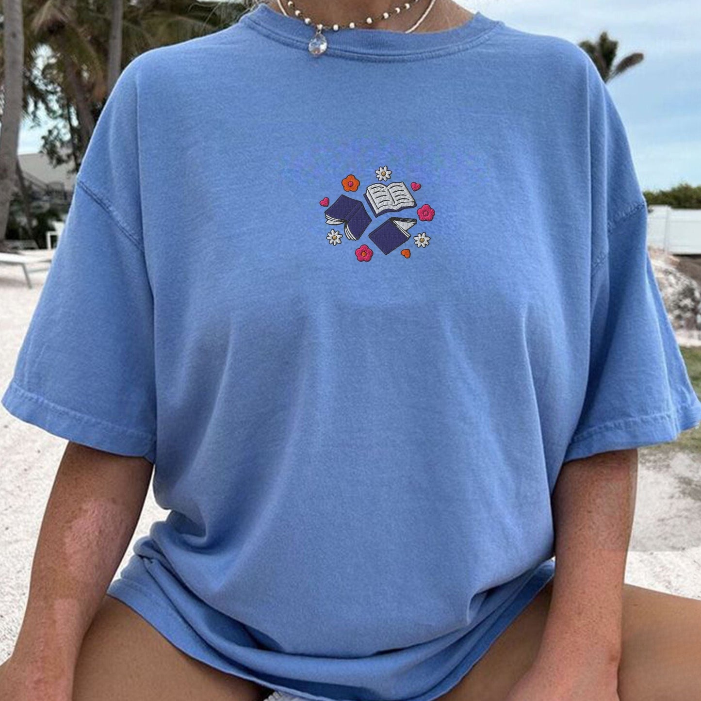 My Store Books and Flowers Embroidered Book Lover T-Shirt Books and Flowers Embroidered Book Lover T-Shirt