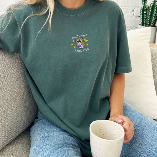 My Store Night Owl Book Club Embroidered Comfort Colors TShirt Night Owl Book Club Embroidered Comfort Colors TShirt