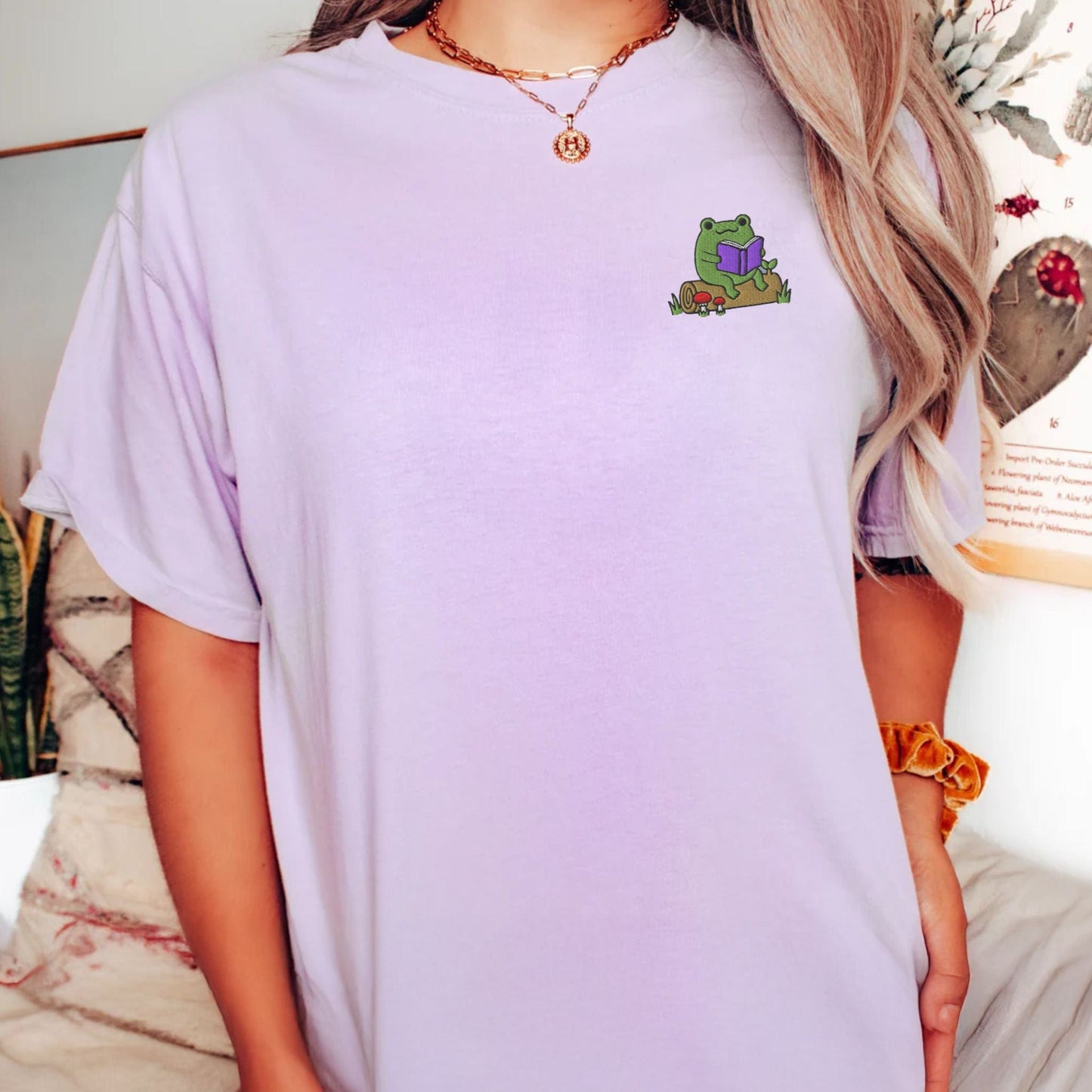 My Store Frog Reading On A Log Cute Embroidered Frog T-Shirt Frog Reading On A Log Cute Embroidered Frog T-Shirt