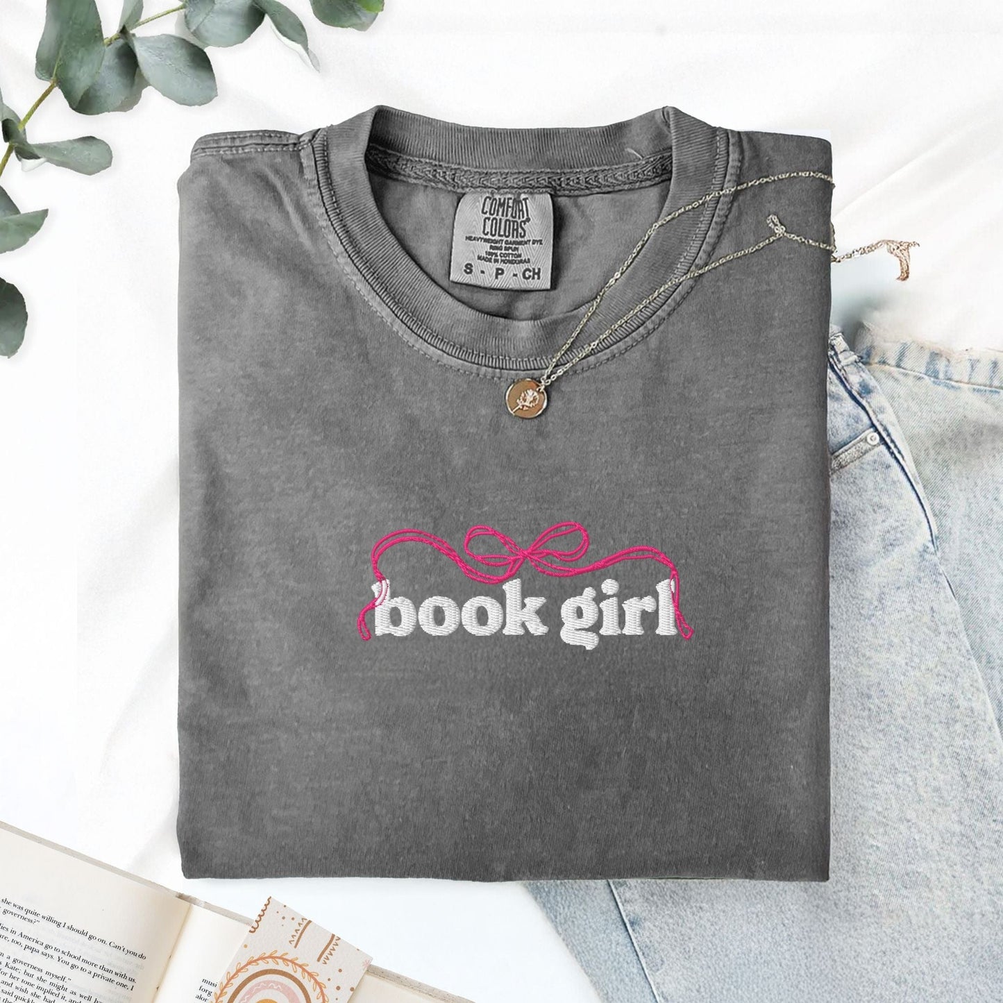 My Store Book Girl Embroidered Coquette Bow Cute Book Tee Book Girl Embroidered Coquette Bow Cute Book Tee