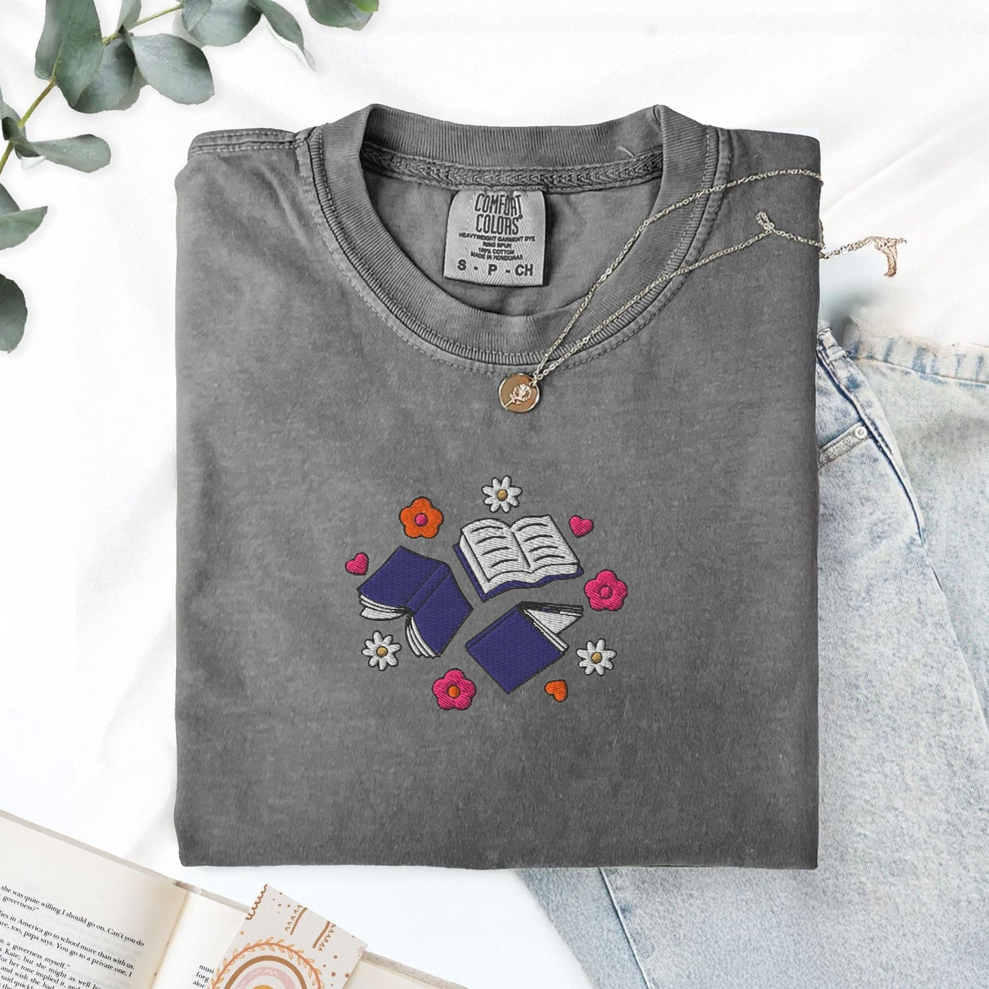 My Store Books and Flowers Embroidered Book Lover T-Shirt Books and Flowers Embroidered Book Lover T-Shirt