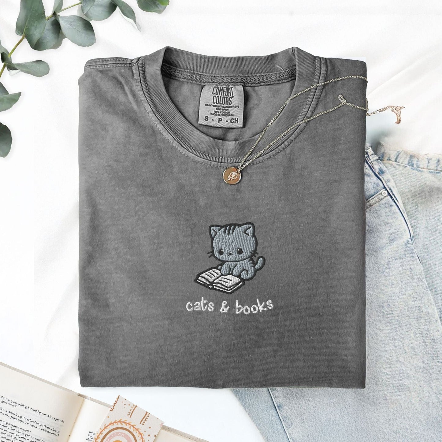 My Store Cats and Books Cute Embroidered T-Shirt Cats and Books Cute Embroidered T-Shirt