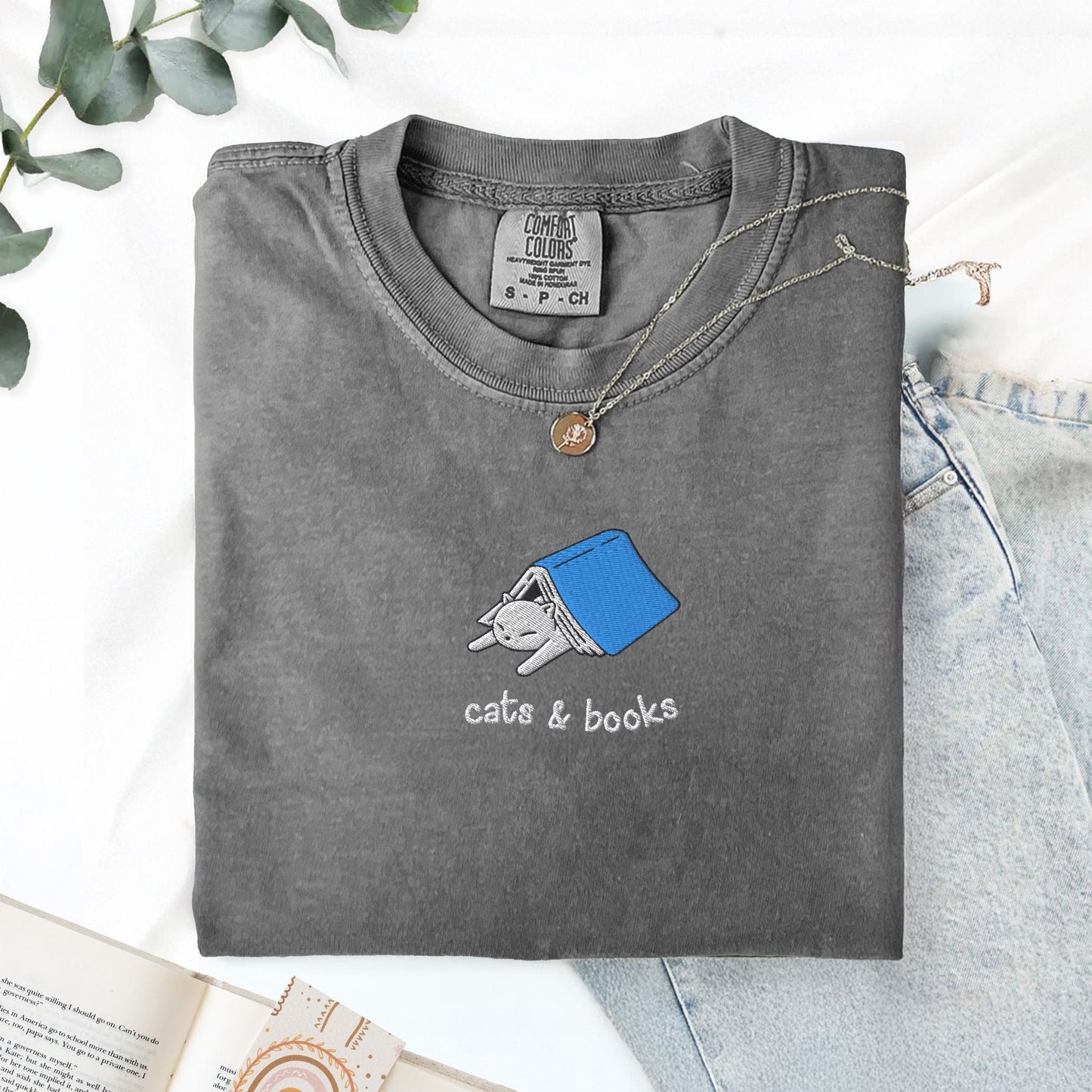 My Store Cats and Books Embroidered Comfort Colors T-Shirt Cats and Books Embroidered Comfort Colors T-Shirt