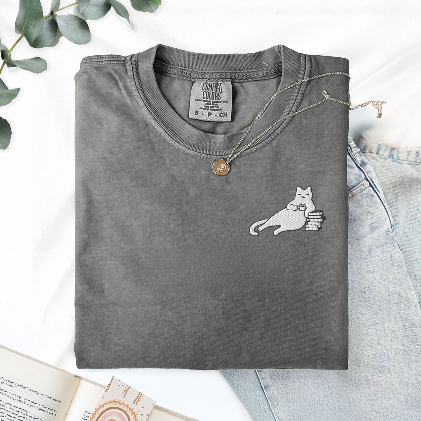 My Store Cats, Coffee, and Books Swaggy Embroidered Cat T-Shirt Cats, Coffee, and Books Swaggy Embroidered Cat T-Shirt