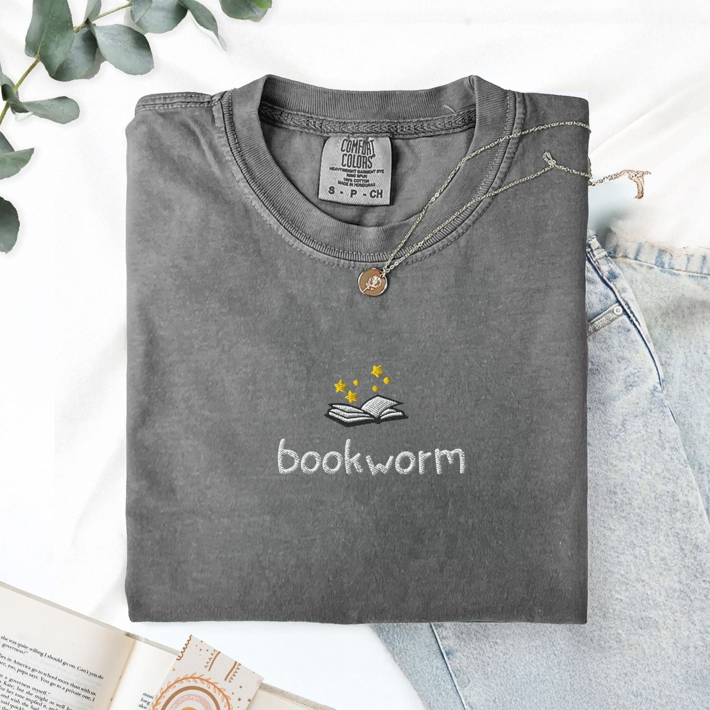 My Store Cute Embroidered Bookworm T-Shirt Cute Embroidered Bookworm T-Shirt