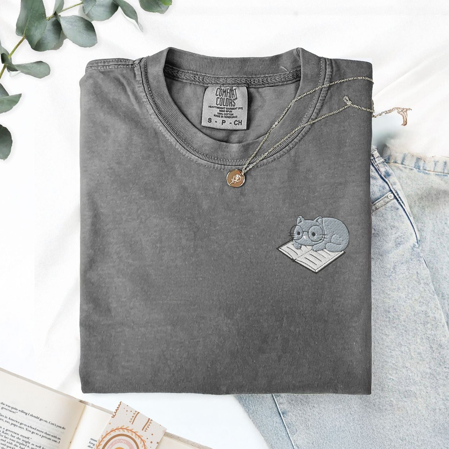 My Store Cute Embroidered Cat on a Book T-Shirt Cute Embroidered Cat on a Book T-Shirt