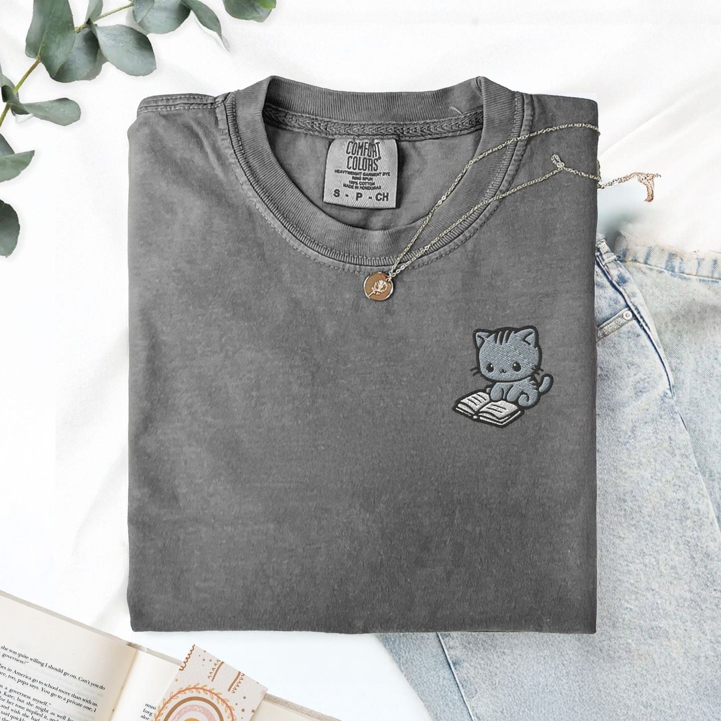 My Store Cute Embroidered Cat Reading a Book Comfort Colors T-Shirt Cute Embroidered Cat Reading a Book Comfort Colors T-Shirt