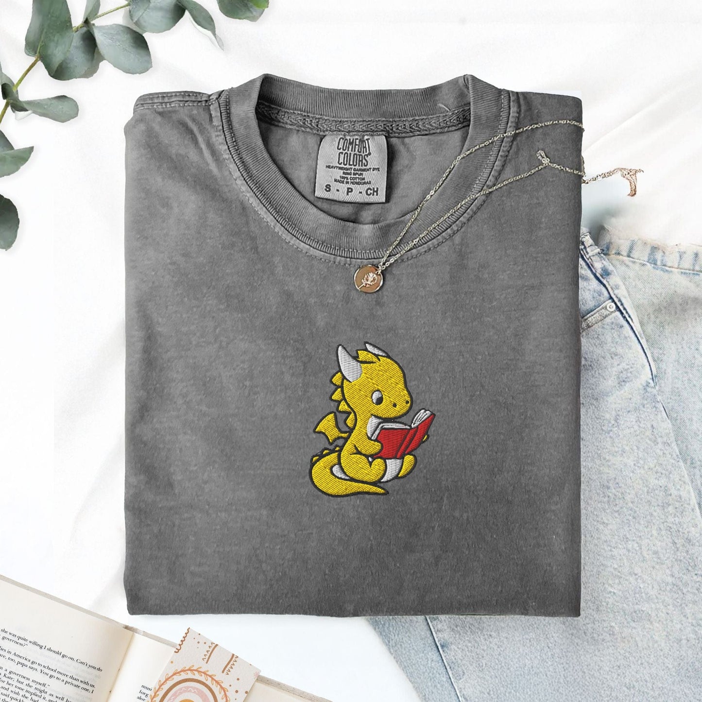 My Store Dragon Reading Embroidered T-Shirt Dragon Reading Embroidered T-Shirt