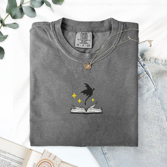 My Store Embroidered Dragon Flying Fantasy Book T-Shirt Embroidered Dragon Flying Fantasy Book T-Shirt
