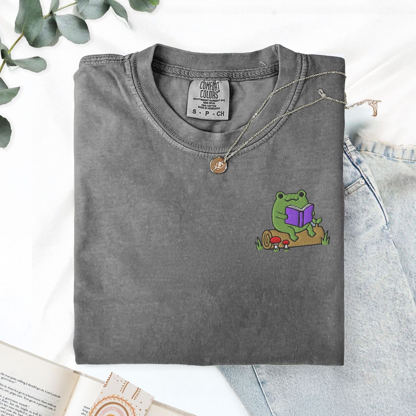 My Store Frog Reading On A Log Cute Embroidered Frog T-Shirt Frog Reading On A Log Cute Embroidered Frog T-Shirt