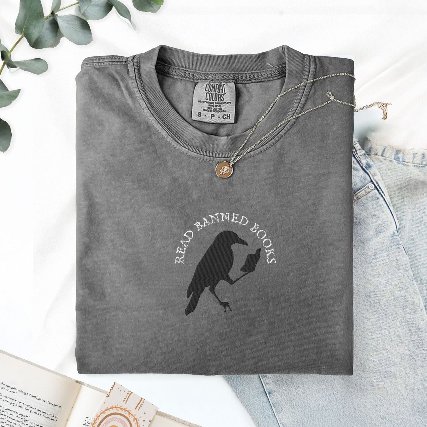 My Store Read Banned Books Edgar Allen Crow Embroidered T-Shirt Read Banned Books Edgar Allen Crow Embroidered T-Shirt